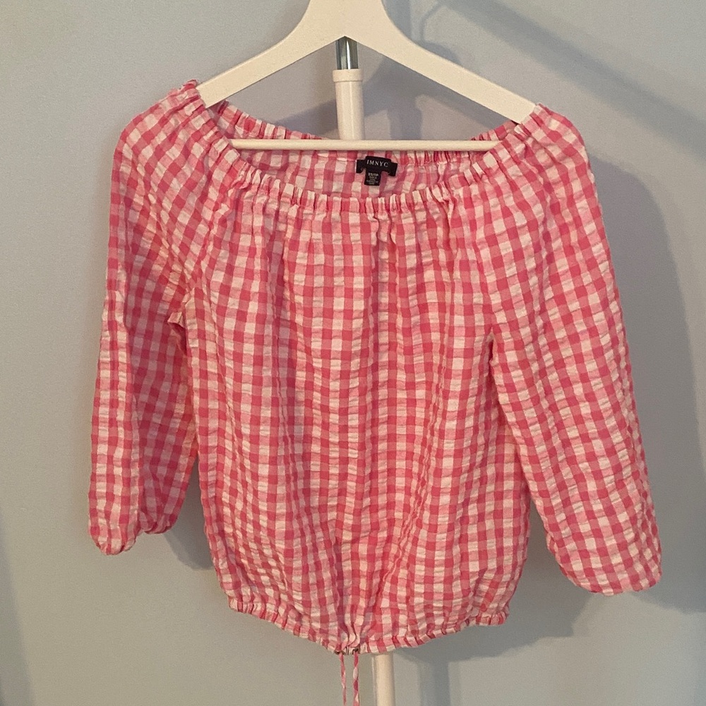 Pink Checkered Off-Shoulder Blouse